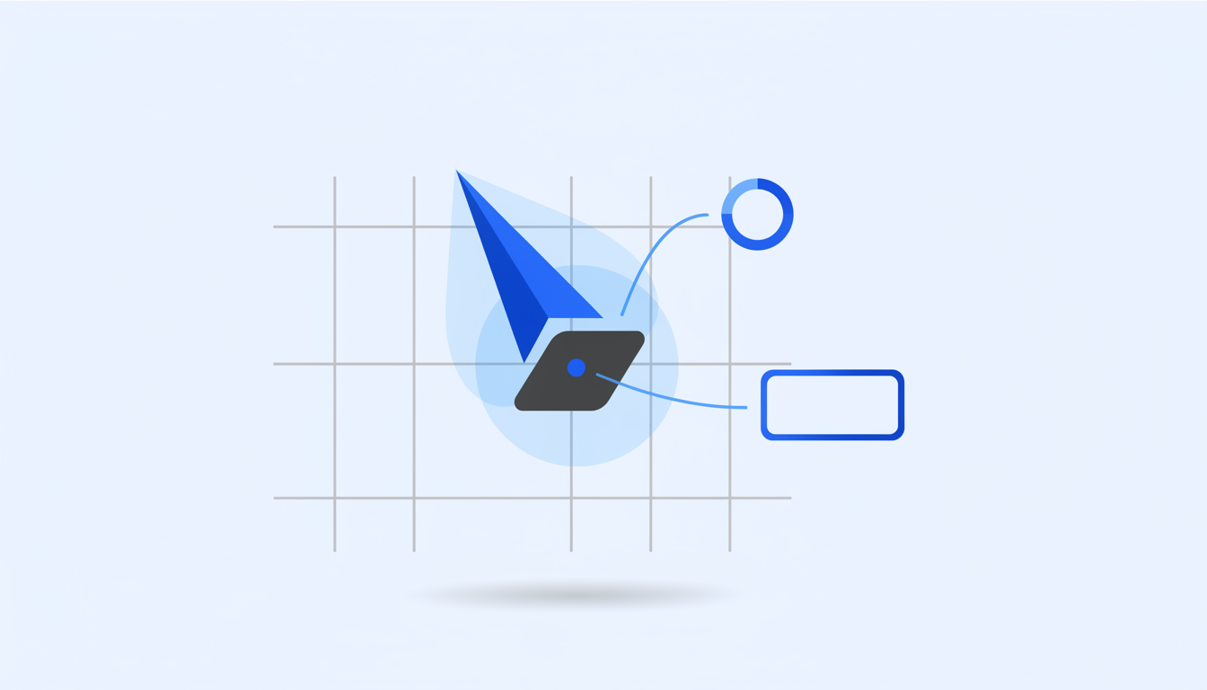 Abstracte illustratie van een peilmeter en vergrootglas als symbool voor een nulmeting van online vindbaarheid, in de huisstijl van Keijzer Media Works.